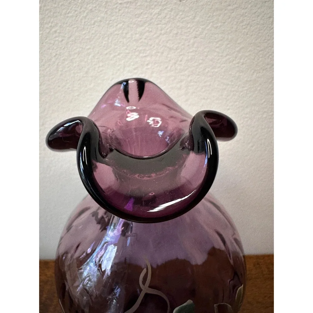 Hand Painted Amethyst Purple Glass Vase Signed by C Smith Ruffled Rim Floral